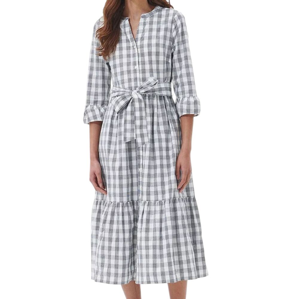 Barbour Seamills Gingham Check Midi Dress Navy White Ruffle Belted Button NWOT 6